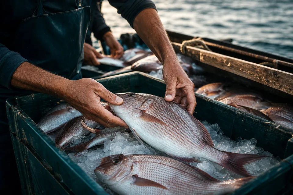 Fishers selecting the day’s catch on ice