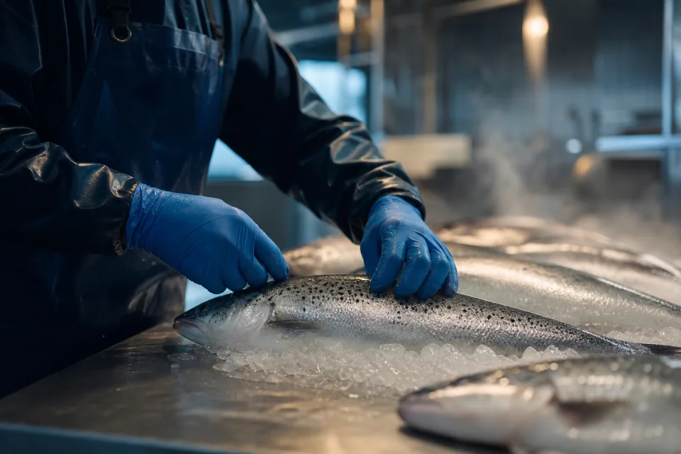 Careful inspection of a fish in a processing facility